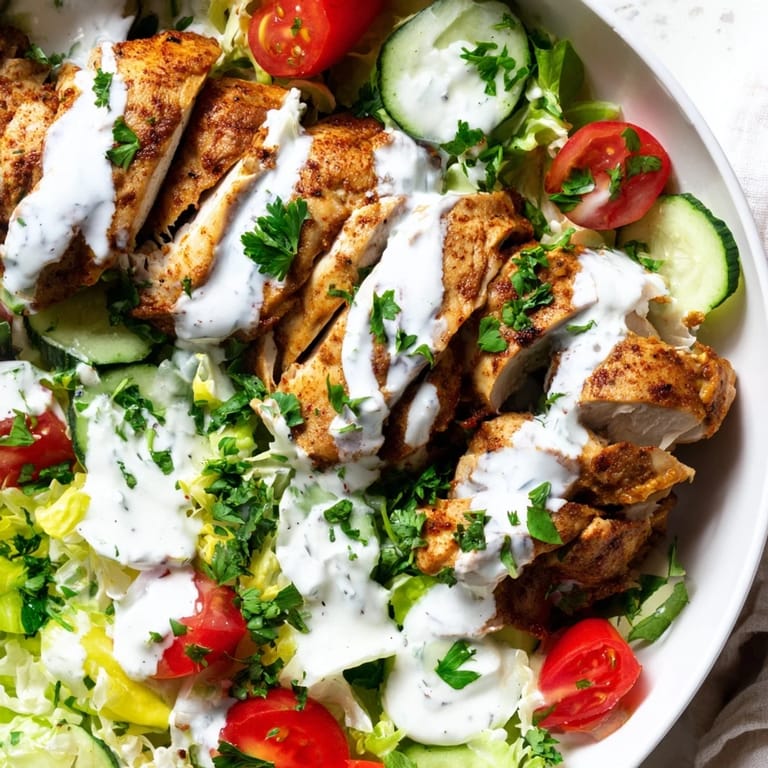 A top-down view of a hearty Chicken Shawarma Salad Bowl, featuring golden-brown chicken slices, colorful veggies, and a generous swirl of zesty garlic sauce.  