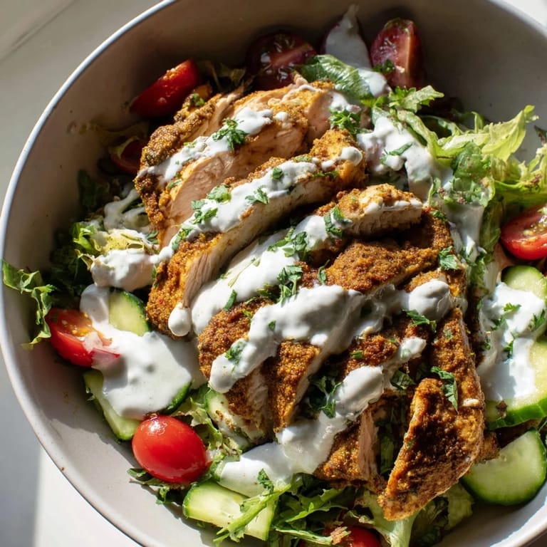 An inviting Chicken Shawarma Salad Bowl for lunch or dinner, showcasing tender marinated chicken, crunchy cucumbers, bright tomatoes, and a tangy yogurt-based garlic dressing.
