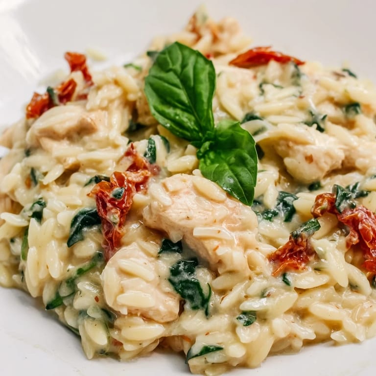 Golden chicken and orzo pasta simmer in a creamy sauce with spinach and sun-dried tomatoes.
