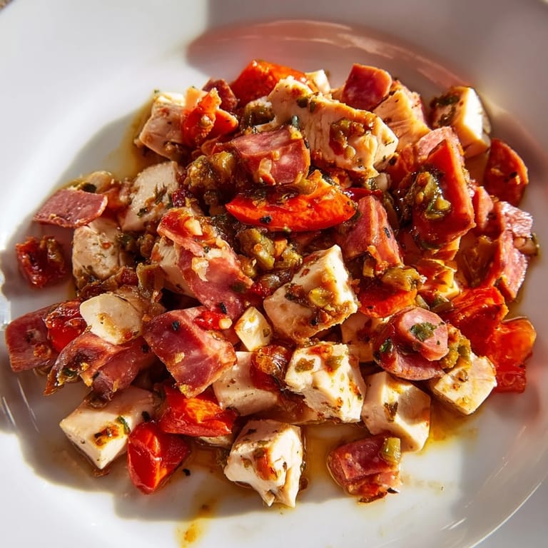 Freshly prepared Italian Deli Chopped Chicken Salad showcases chopped chicken, pink salami, and white provolone on a bed of vibrant greens.