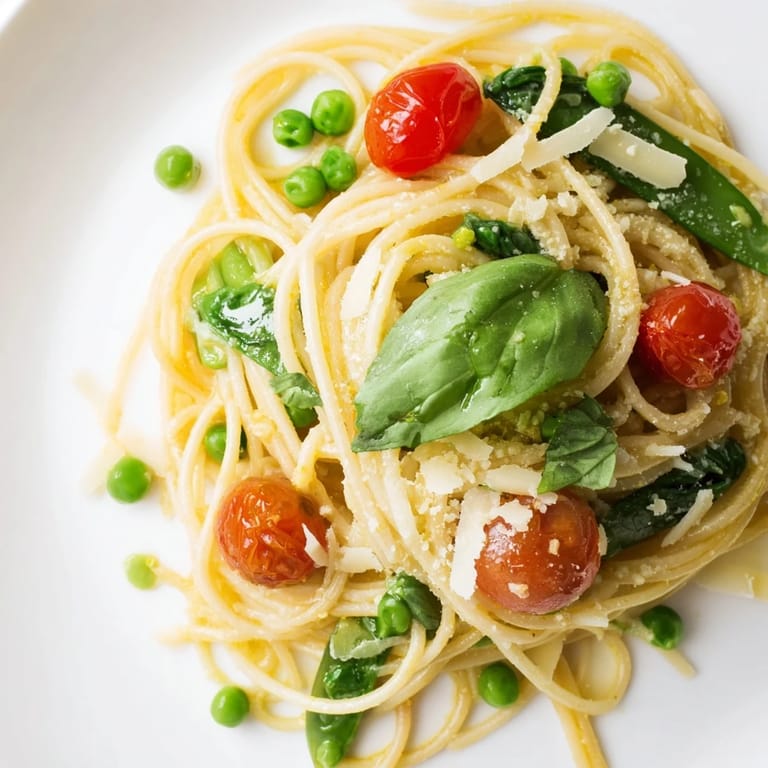 This easy one-pot vegetarian pasta features vibrant peas, spinach, and cherry tomatoes, ready for a family-style dinner.