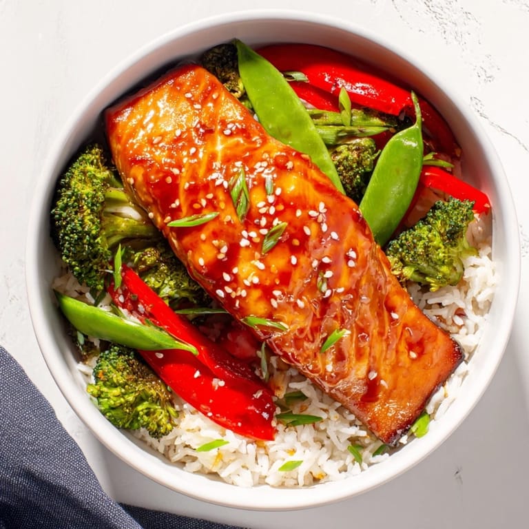 A close-up of Maple Soy Glazed Salmon with vibrant red bell pepper slices and a lime wedge garnish.  