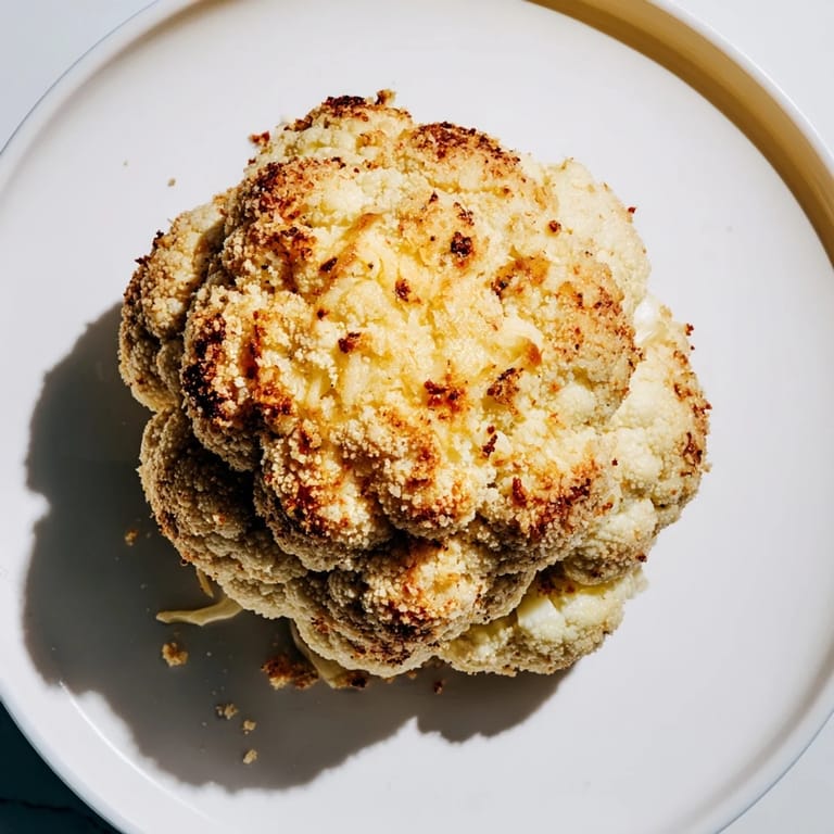 Golden brown Cheesy Stuffed Cauliflower Head topped with buttery breadcrumbs, garnished with fresh chives on a rustic serving platter.  
