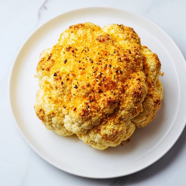 A slice of Cheesy Stuffed Cauliflower Head reveals creamy mozzarella and Parmesan filling, paired with roasted vegetables for a complete meal.