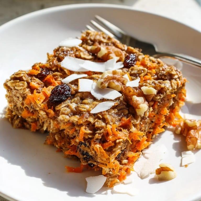 Hearty Carrot Cake Baked Oatmeal in a white baking dish, perfect for a wholesome breakfast.