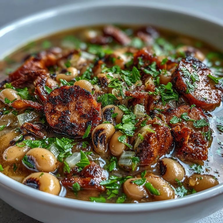 Steaming Southern-Style Black-Eyed Peas in a Dutch oven, featuring tender peas, diced bacon, and rich broth for a comforting meal.  