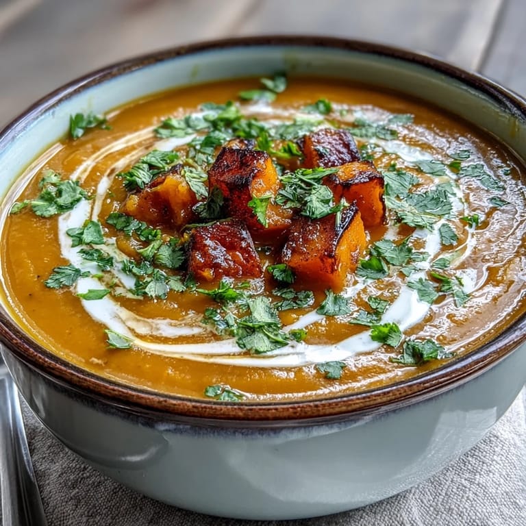 Golden roasted butternut squash and red lentils simmered into a velvety soup with warming spices in a pot.