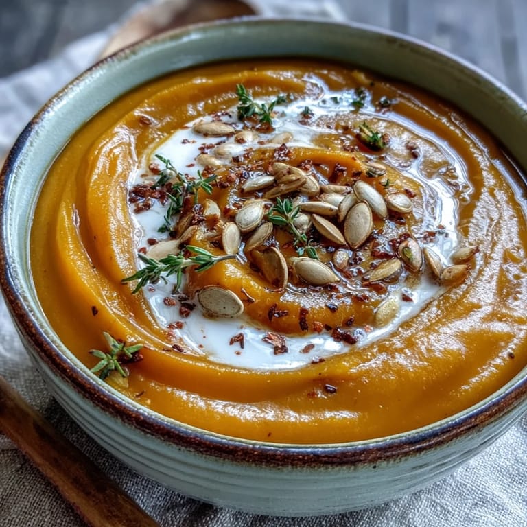 Steaming Butternut Squash and Apple Soup with a swirl of cream and pumpkin seeds.
