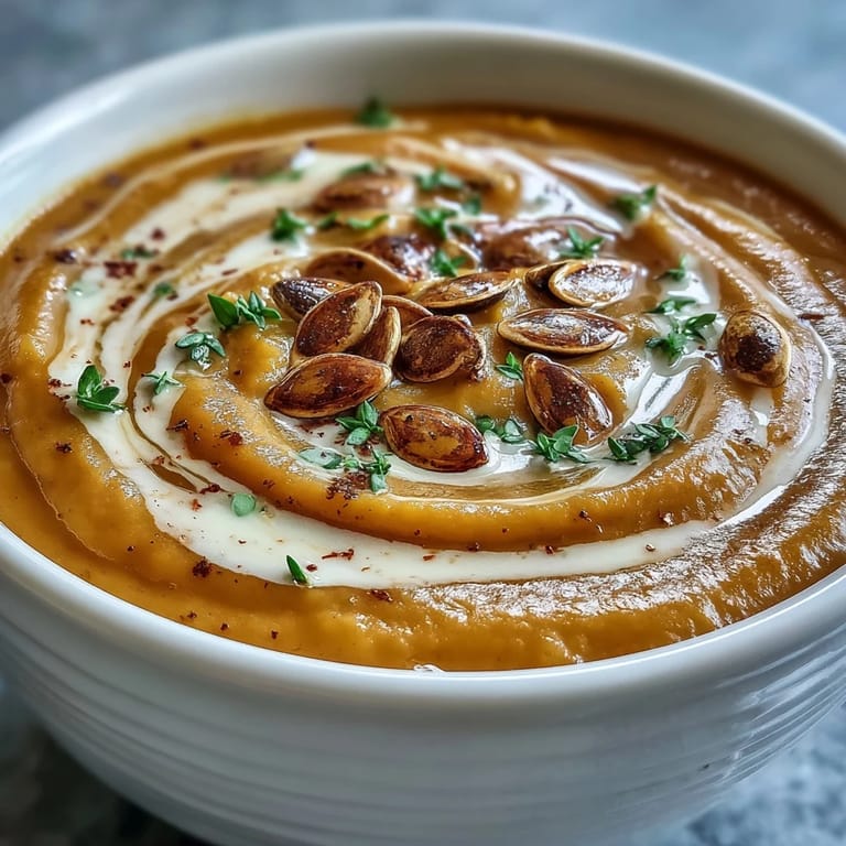 Creamy Easy Roasted Butternut Squash Soup drizzled with heavy cream in a rustic ceramic bowl.
