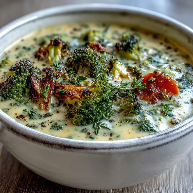 Golden roasted broccoli florets topping a steaming bowl of Roasted Broccoli Cheddar Soup with shredded cheddar.