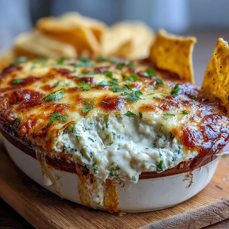 Steaming hot Cilantro and Lime Chicken dip with a golden top, surrounded by corn tortilla scoops and extra cilantro for a party appetizer.