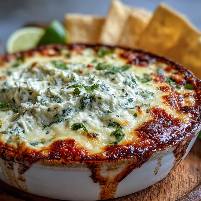 Creamy Cilantro and Lime Chicken dip, bubbly from the oven, served with colorful tortilla scoops for a zesty gluten-free game day snack.