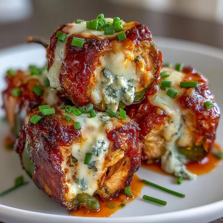 Freshly baked Buffalo Wing Poppers garnished with chives, served alongside a bowl of creamy blue cheese dip.
