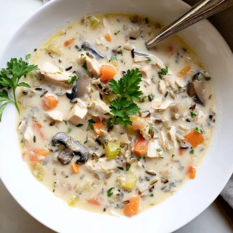 Hearty parmesan mushroom chicken wild rice soup with tender chicken and fluffy rice.