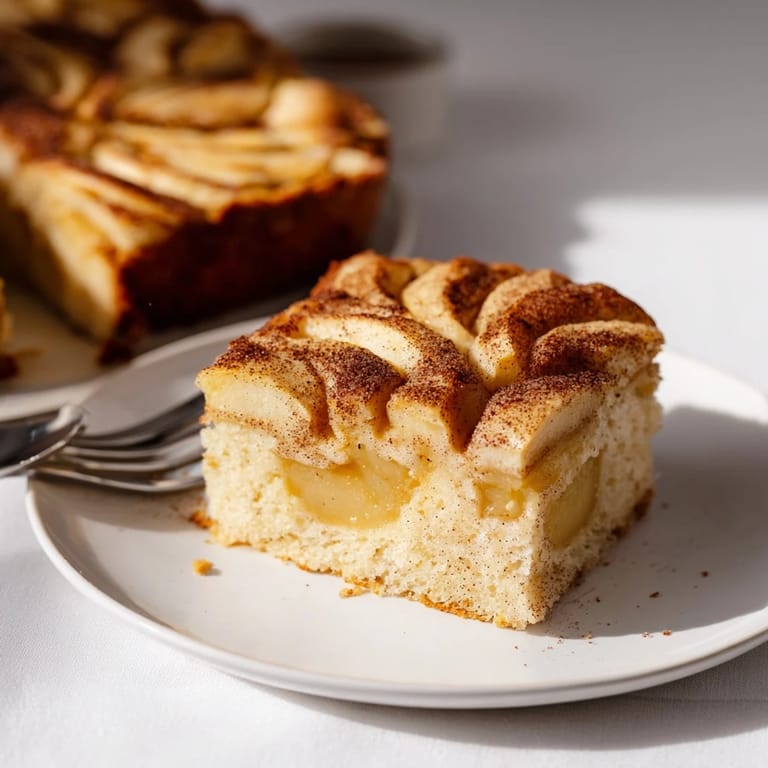 Freshly baked Baked Apple Cake served warm, topped with a dusting of powdered sugar on a rustic wooden table.  