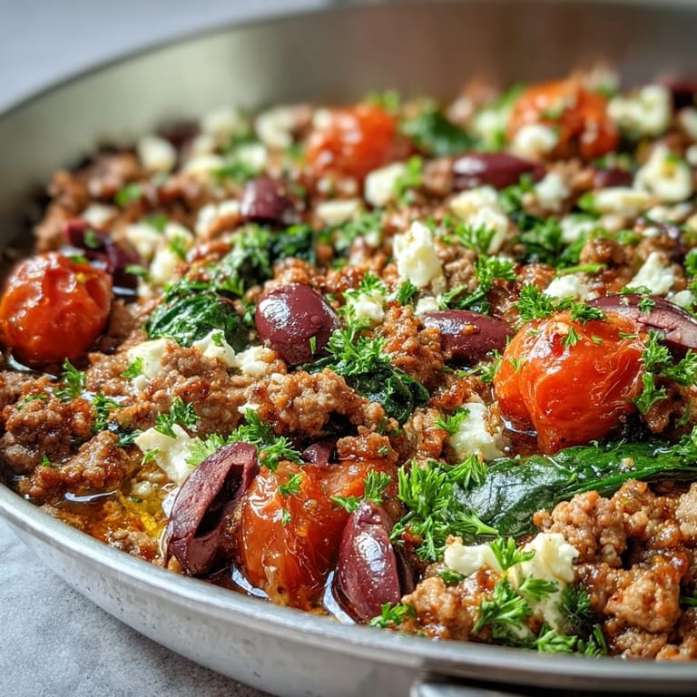 A savory Mediterranean Keto Ground Chicken Skillet with Olives and Feta garnished with fresh parsley and lemon wedges.