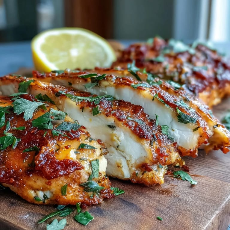 Freshly plated Oven Baked Chicken Breast garnished with lemon slices and parsley, showcasing a tender texture on a rustic wooden table.