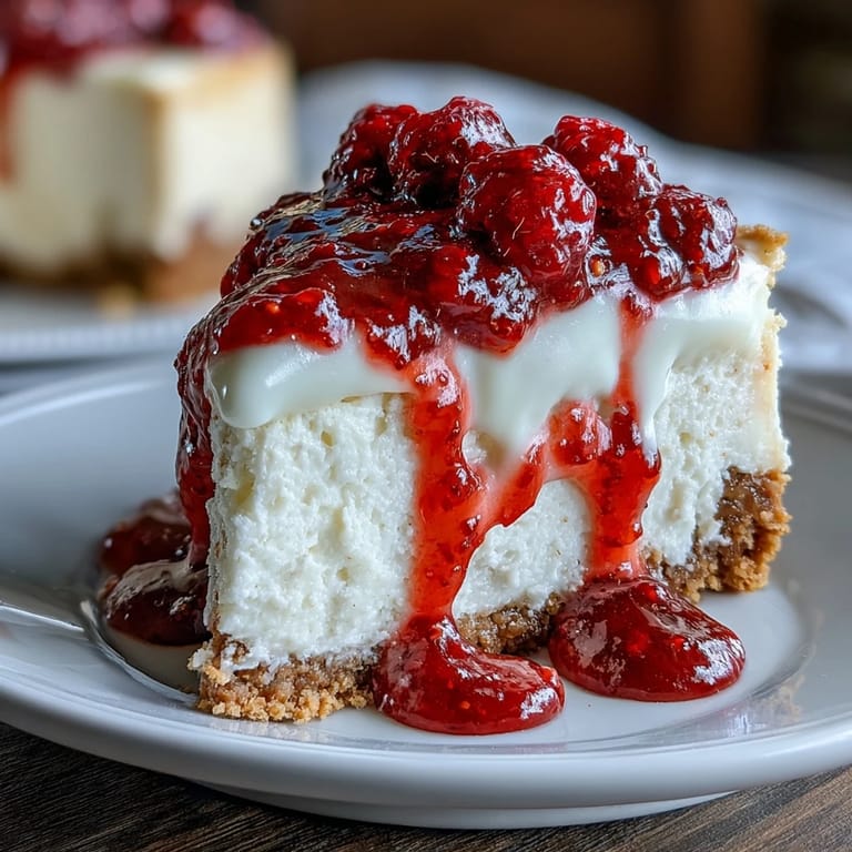 A whole Indulgent White Chocolate Raspberry Cheesecake Bliss on a wooden board, featuring a buttery graham cracker crust and glossy white chocolate topping.  