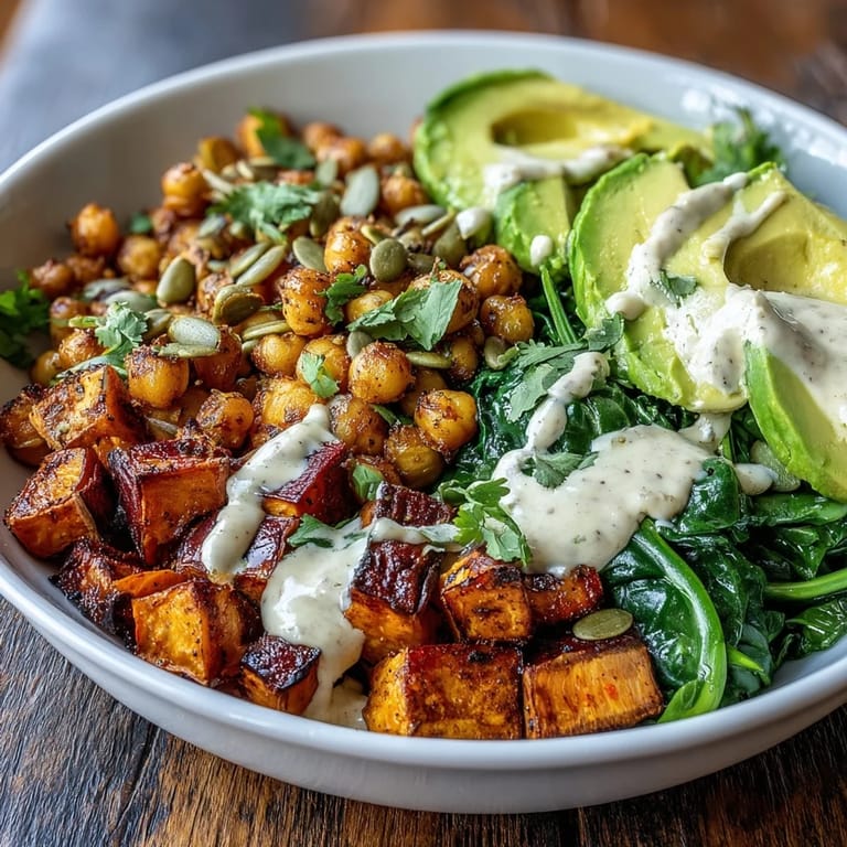 Warm roasted sweet potato and chickpea bowl with sautéed spinach and garlicky aroma