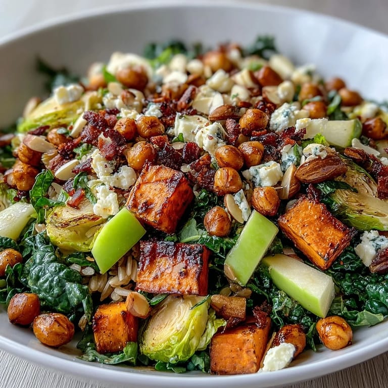 Close-up of a Fall Harvest Bowl showing roasted vegetables, fresh diced apples, and wild rice drizzled with a creamy dressing.