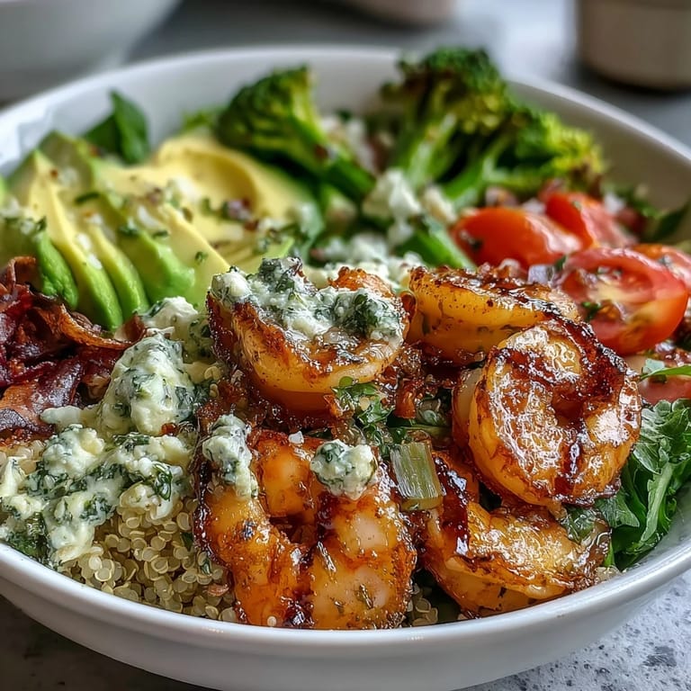 Sliced tomatoes and golden sautéed shrimp rest on a bed of warm quinoa in this vibrant Rainbow Vegetable Detox Bowl.