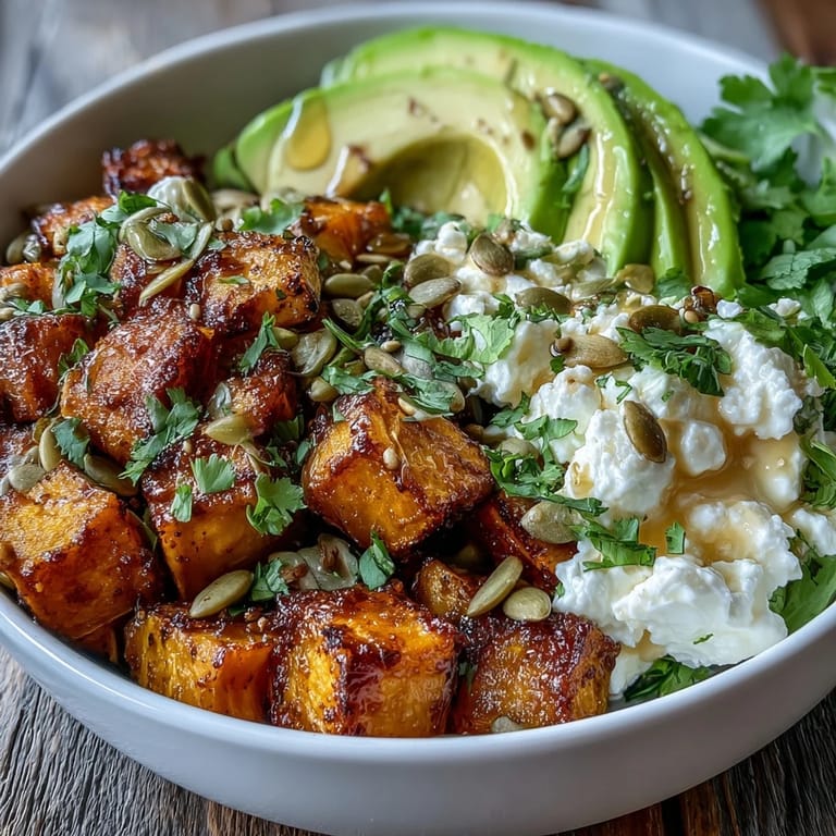 A nourishing Hot Honey Sweet Potato Bowl featuring crispy sweet potatoes, avocado, cottage cheese, and hot honey drizzle.