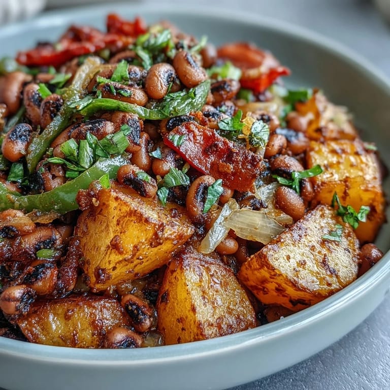 A seasoned skillet of Black-Eyed Pea Hash features savory spices, vibrant peppers, and crispy potato cubes for a rustic breakfast.