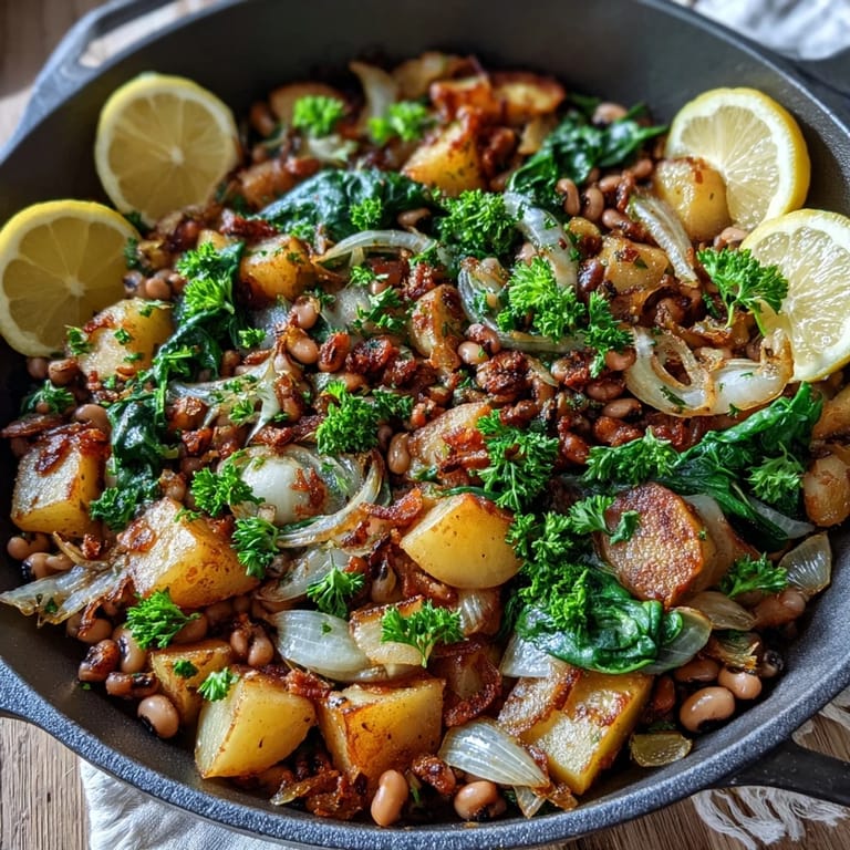 Savory Black-Eyed Pea Skillet Dinner served hot with a lemon wedge and fresh parsley garnish.