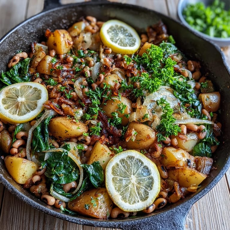 Cast iron skillet holding Black-Eyed Pea Skillet Dinner with tender onions and savory spices.