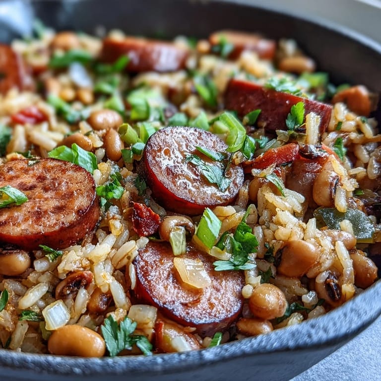 Close-up of Black-Eyed Pea Jambalaya in a Dutch oven, showcasing tender grains and smoky sausage pieces.
