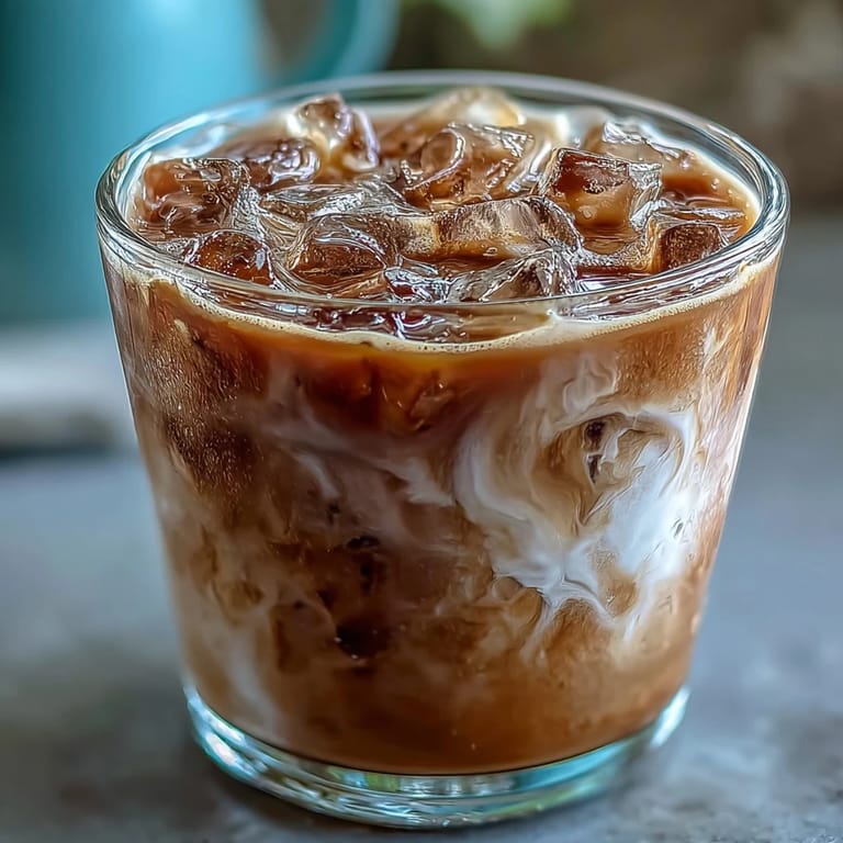 Two servings of homemade Iced Hojicha Latte on a wooden table with maple syrup.