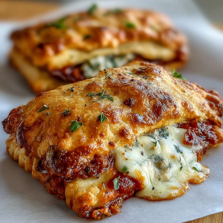 Two split-open High Protein Pizza Hot Pockets reveal steamy marinara sauce and cheese filling, served beside a fresh arugula salad.