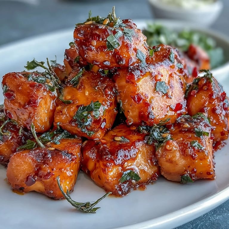 Tender Bang Bang Salmon Bites garnished with green onions, ready to be enjoyed.