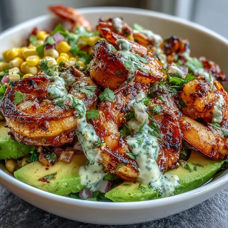 Grilled Shrimp Bowl with Avocado, Corn Salsa & Creamy Garlic Sauce served with lime wedges.