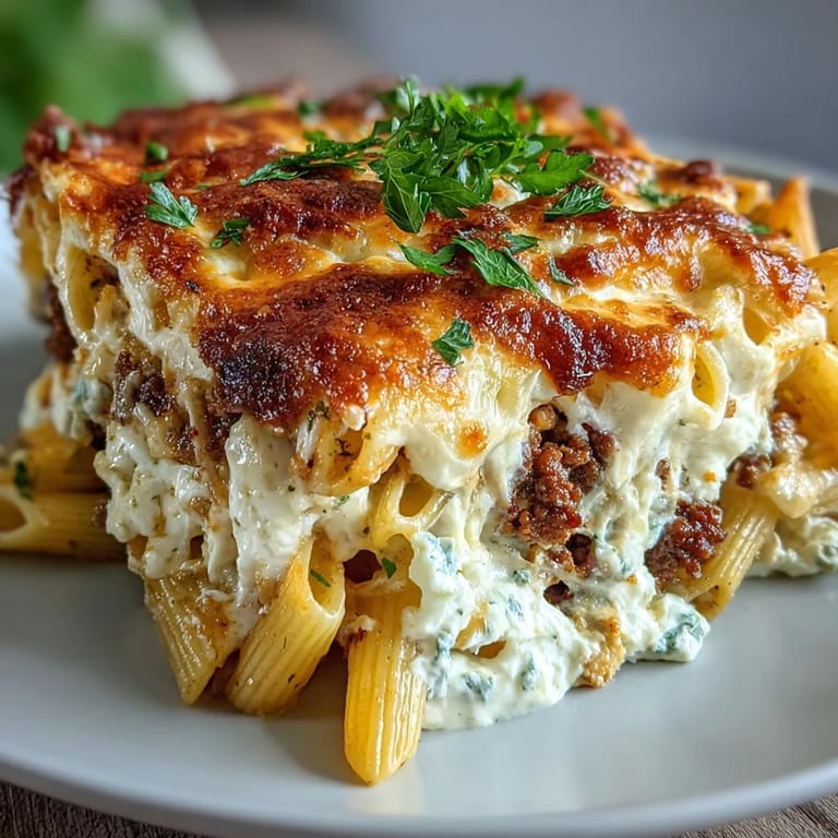 Close-up of Cottage Cheese Protein Pasta Bake revealing creamy cottage cheese and Greek yogurt spread over whole wheat penne and rich ground beef mixture.