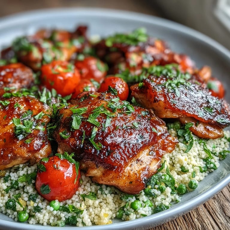 Savory One-Pan Garlic Butter Chicken Couscous served fresh from the skillet, garnished with parsley and bright lemon zest.
