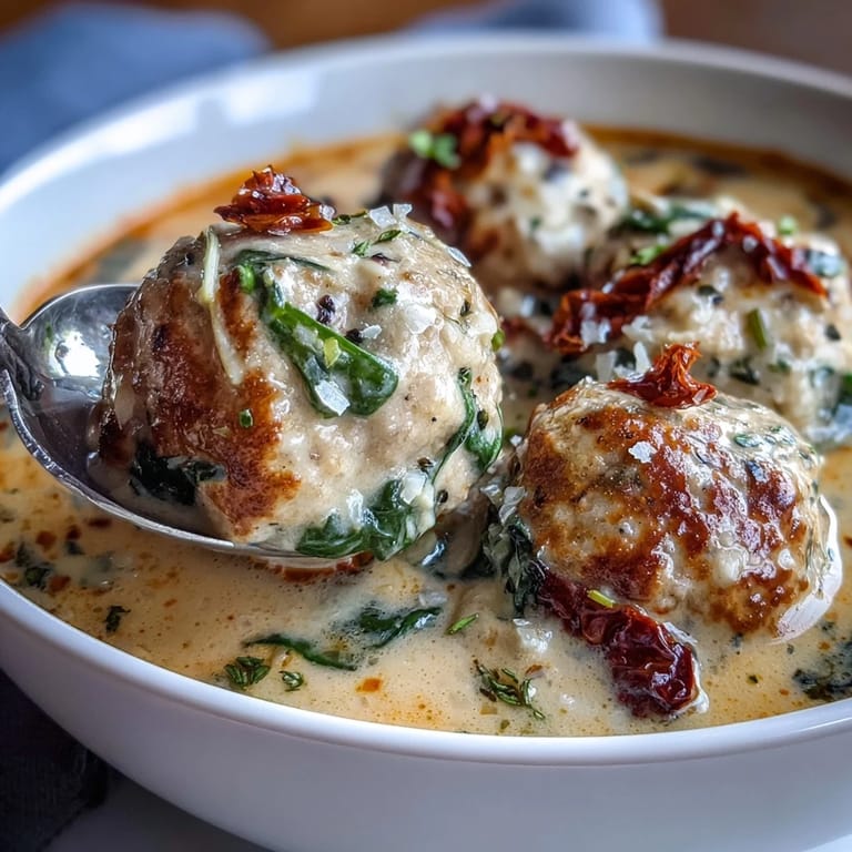 Ladle of Creamy Tuscan Turkey Meatball Soup garnished with fresh basil, served alongside crusty artisan bread.