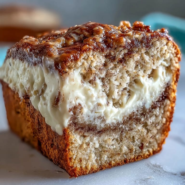 A close-up view of a thick slice of Cream Cheese Cinnamon Swirl Protein Loaf revealing the luscious cinnamon cream cheese swirl inside the tender loaf.