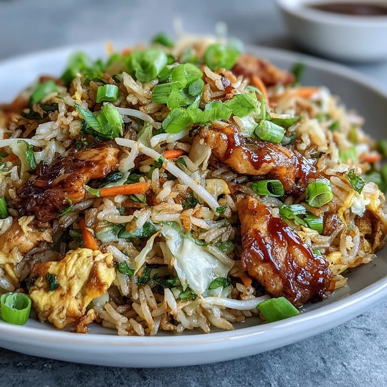 Close-up of Egg Roll Fried Rice with Chicken showing fluffy jasmine rice, scrambled eggs, and crunchy vegetables tossed in savory sauce.