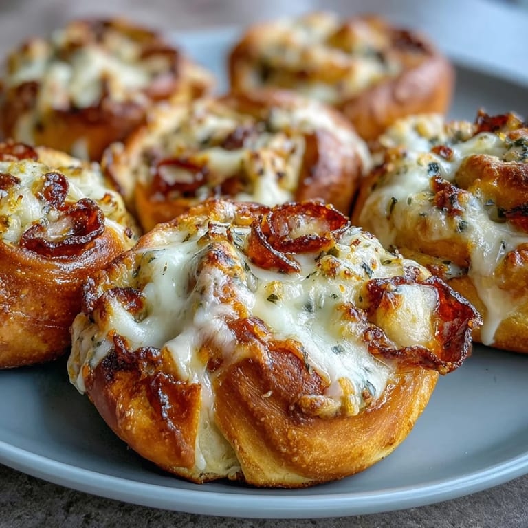 Close-up of Pizza Roll Stuffed Garlic Knots showing fluffy protein dough, melted cheese, and spicy pepperoni slices, brushed with parsley-flecked garlic butter.