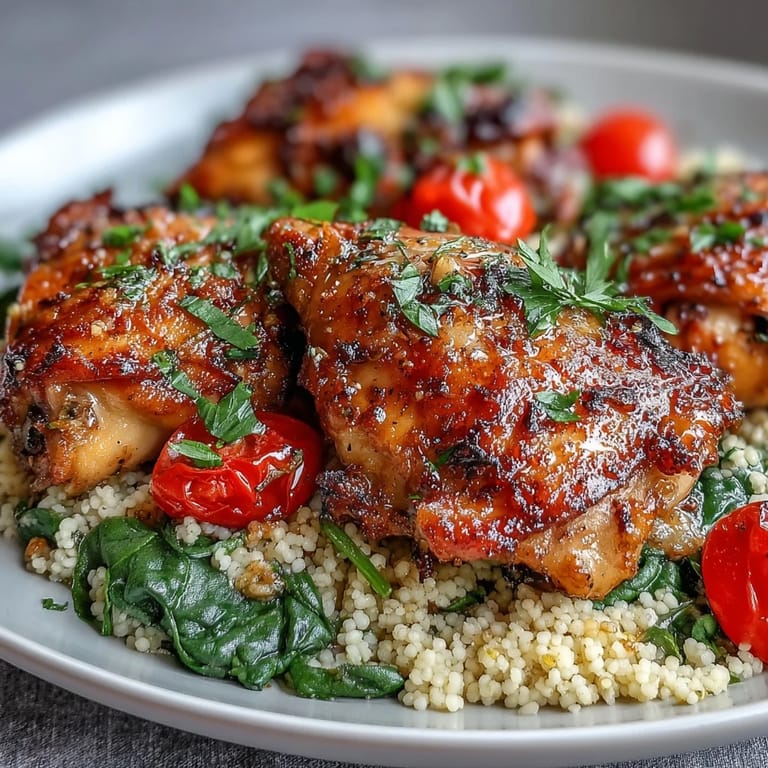 Tender chicken thighs rest atop steaming couscous in a garlic butter skillet, garnished with fresh parsley and lemon.