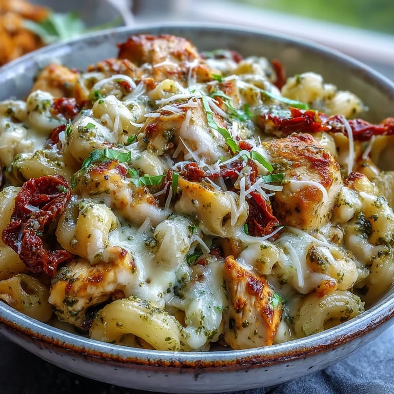 A close-up of Pesto Chicken Chili Mac with a creamy pesto sauce and tender chicken pieces.