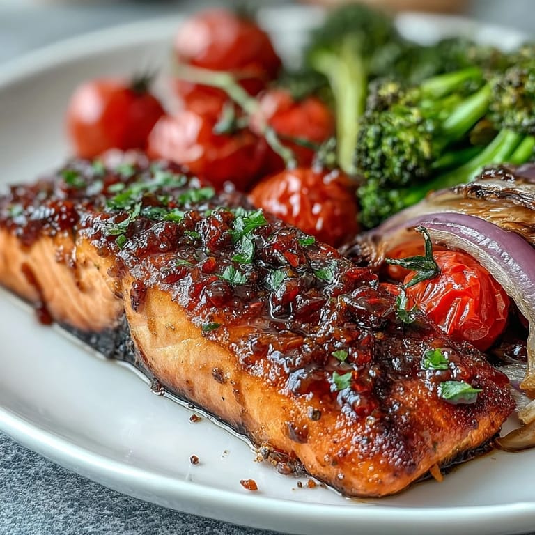 Golden-baked Sheet Pan Dijon Salmon fillets glazed in tangy mustard alongside tender roasted vegetables on a pan.