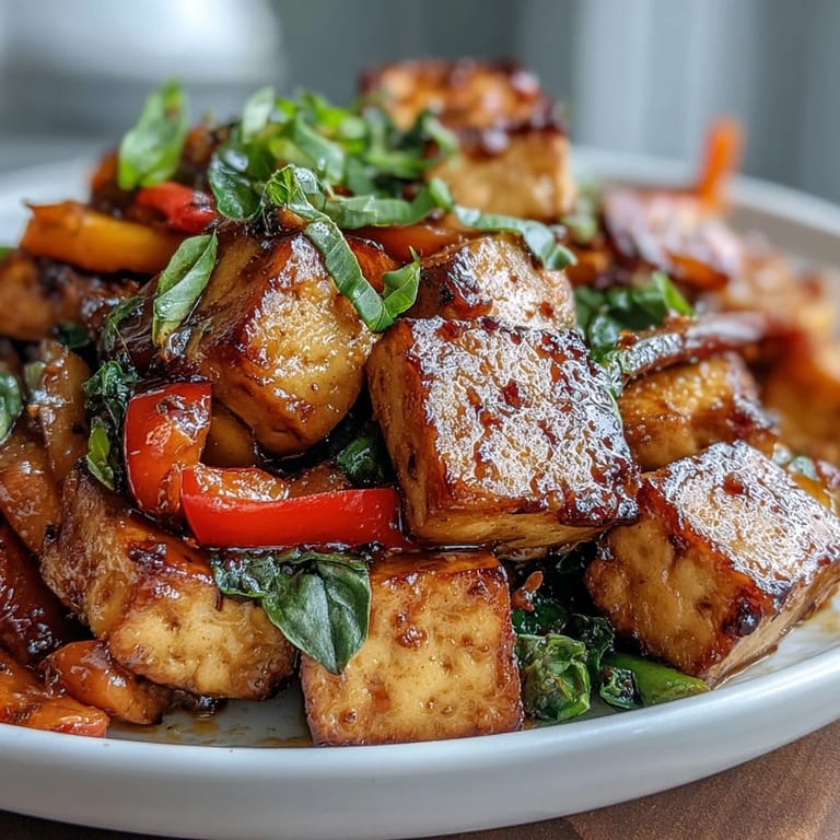 Spicy and savory Vegan Thai Basil Tofu Stir-Fry topped with lime wedges, ready to be scooped up for dinner.