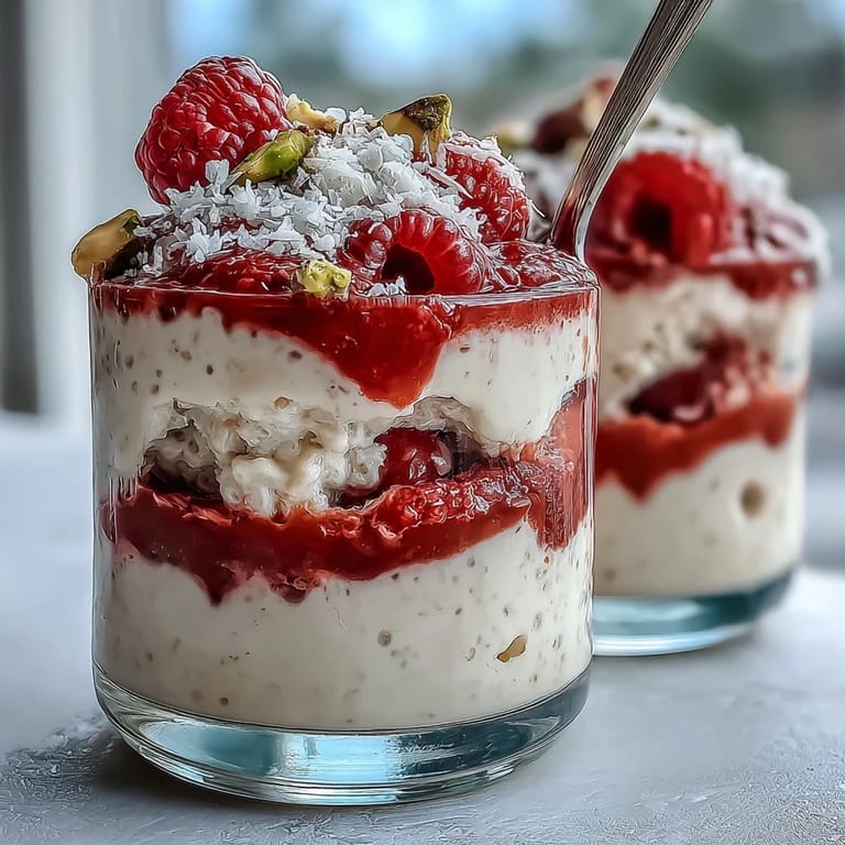Freshly made Vegan Raspberry Coconut Chia Parfaits in glass jars, garnished with coconut flakes and pistachios for a crunchy finish.