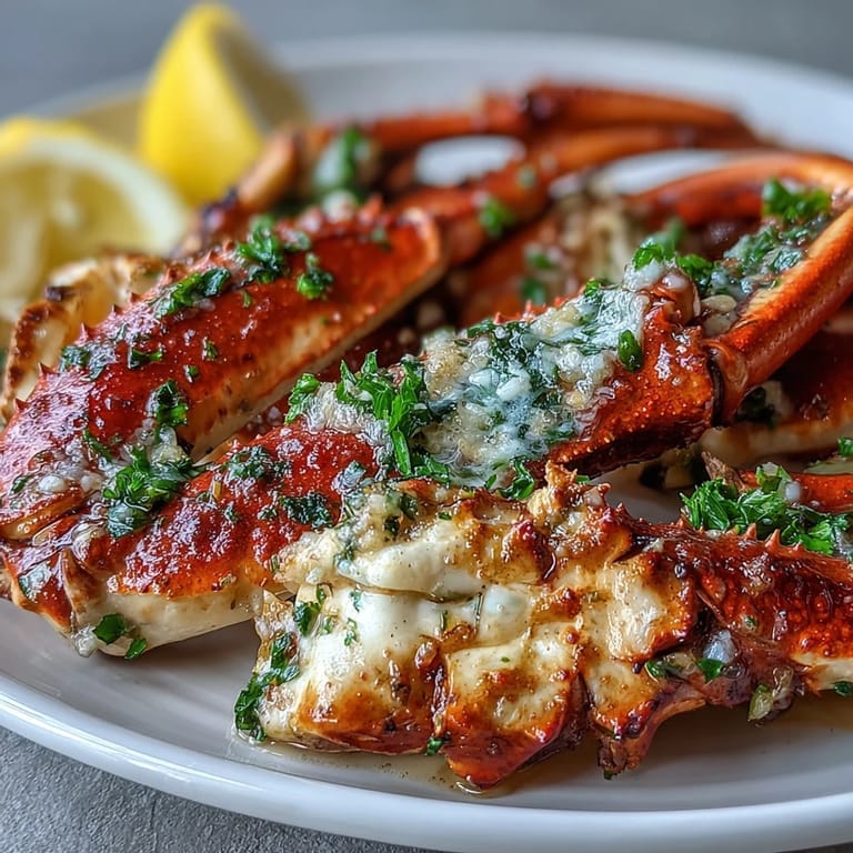 Steamed king crab legs smothered in garlic butter, served with fresh lemon wedges.