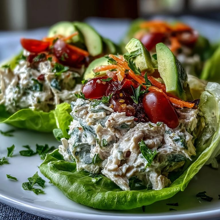 Vibrant butter lettuce cups filled with savory tuna salad, garnished with diced celery and a lemon wedge.