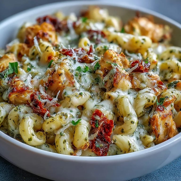 Hearty Pesto Chicken Chili Mac in a rustic skillet, mixed with tender pasta, diced chicken, and vibrant herbs.