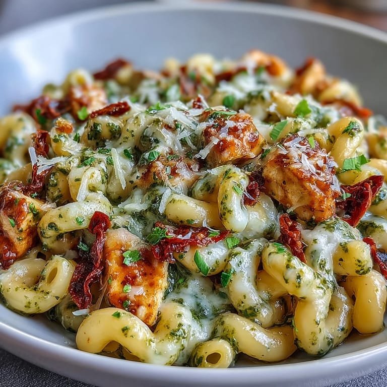 A fresh serving of Pesto Chicken Chili Mac garnished with basil, ready to be enjoyed with a glass of white wine.