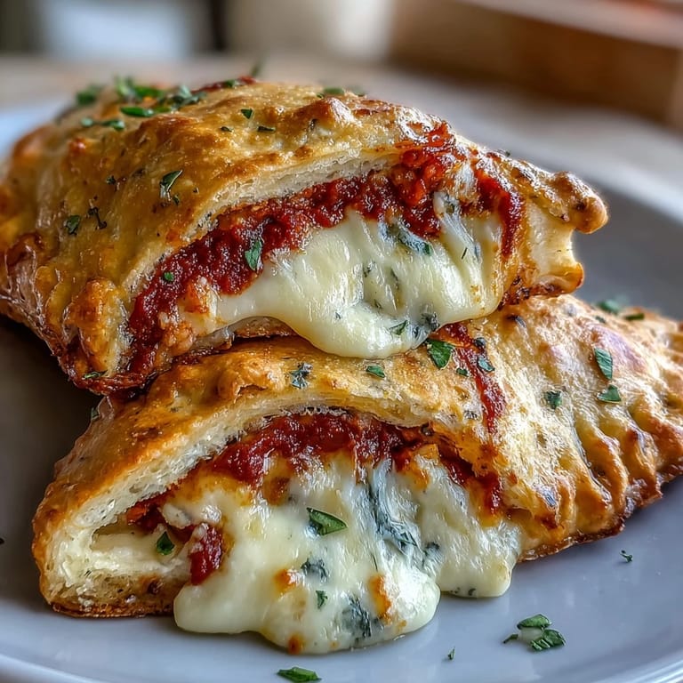 Two split-open High Protein Pizza Hot Pockets reveal steamy marinara sauce and cheese filling, served beside a fresh arugula salad.